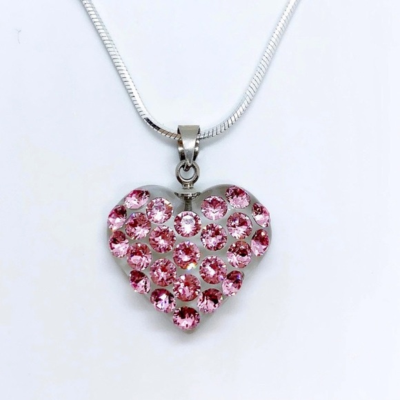 Pink Acrylic Crystal Heart Necklace & Chain With Genuine“Crystal Stone Elements” - Picture 3 of 10